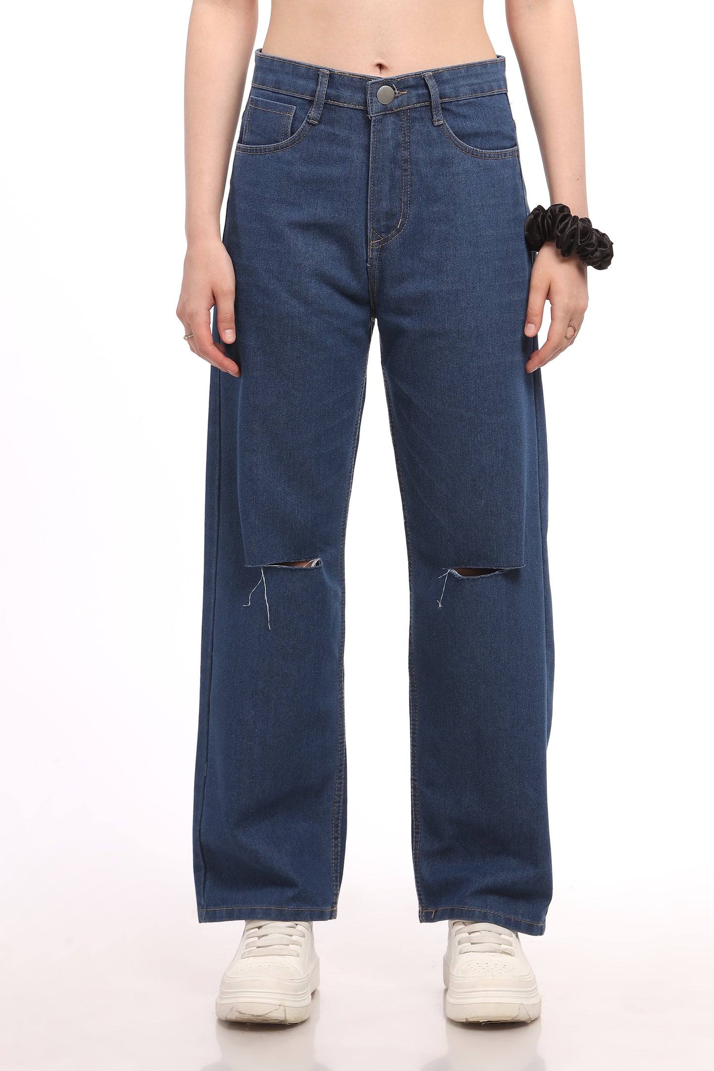 Dark Blue Knee Cut Relaxed Fit Jeans
