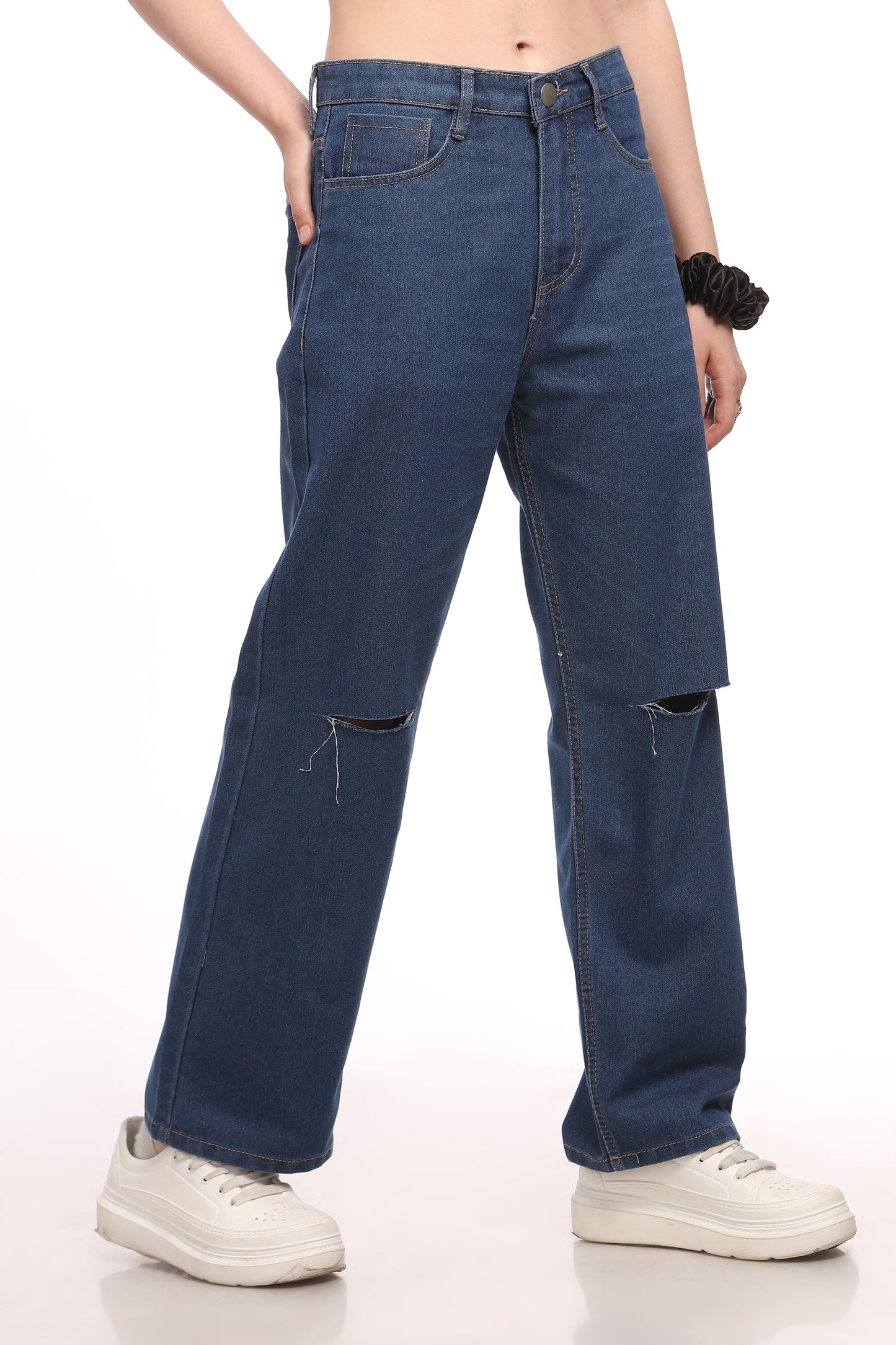 Dark Blue Knee Cut Relaxed Fit Jeans