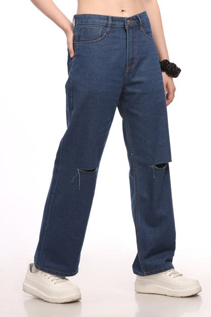 Dark Blue Knee Cut Relaxed Fit Jeans