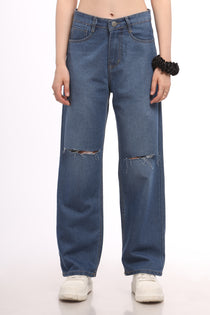 Blue Knee Cut Relaxed Fit Jeans