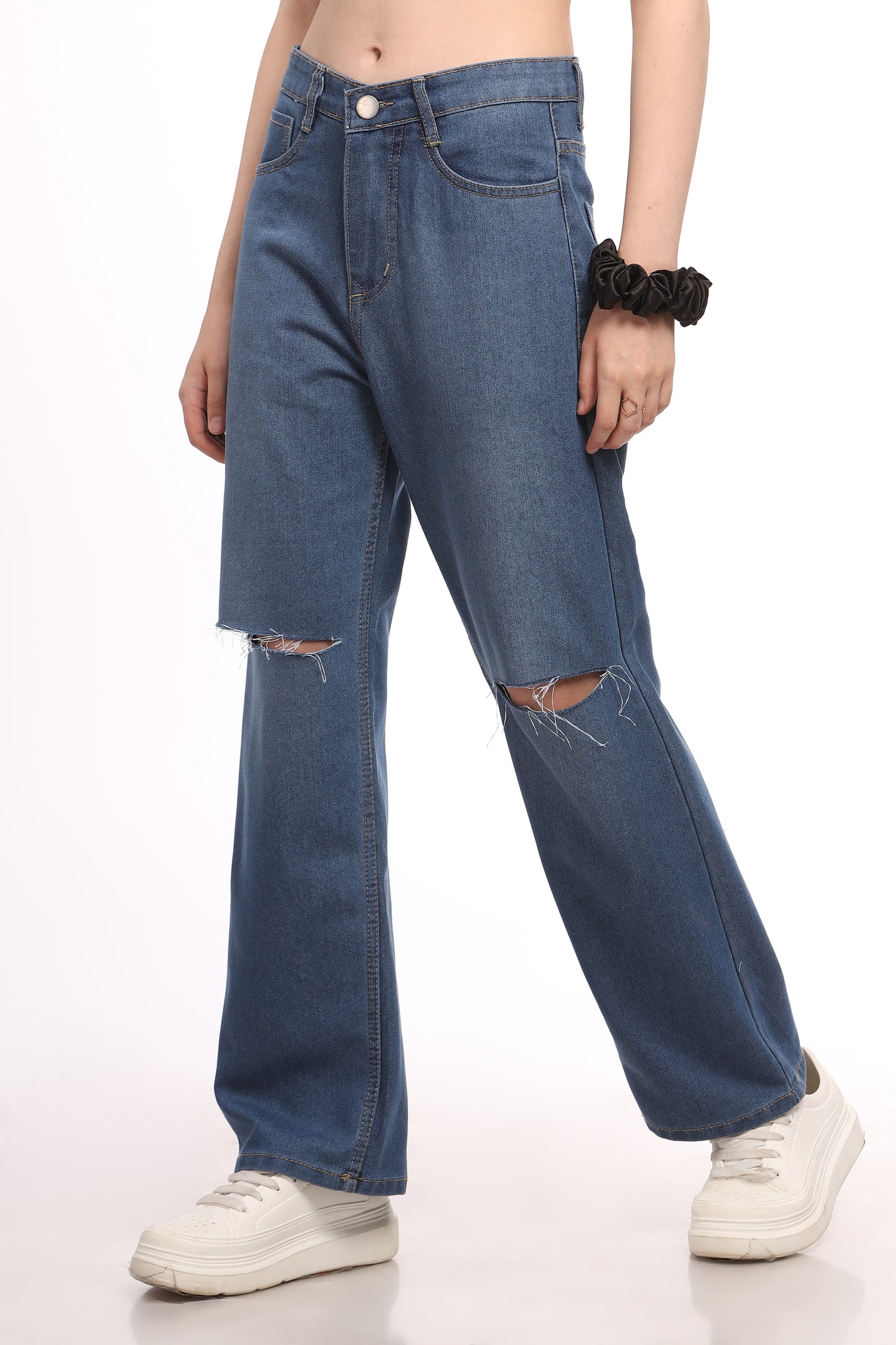 Blue Knee Cut Relaxed Fit Jeans