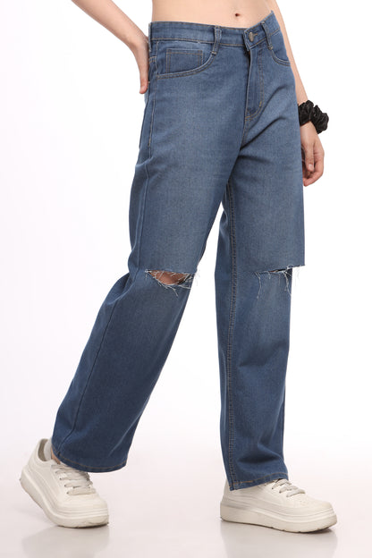 Blue Knee Cut Relaxed Fit Jeans