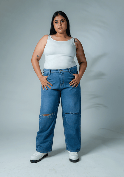 Light Blue Knee Cut Wide Leg Curvy Fit Denim for Women