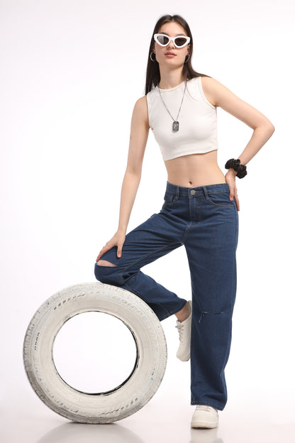 Dark Blue Knee Cut Relaxed Fit Jeans