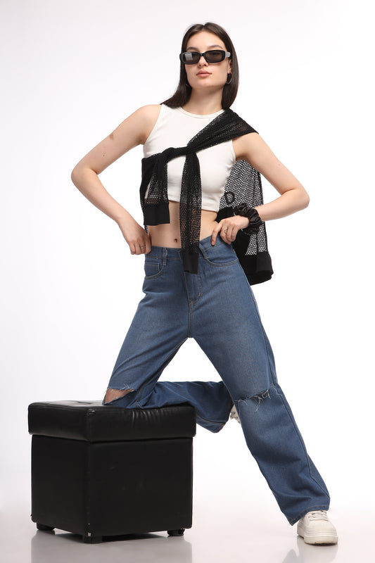 Blue Knee Cut Relaxed Fit Jeans