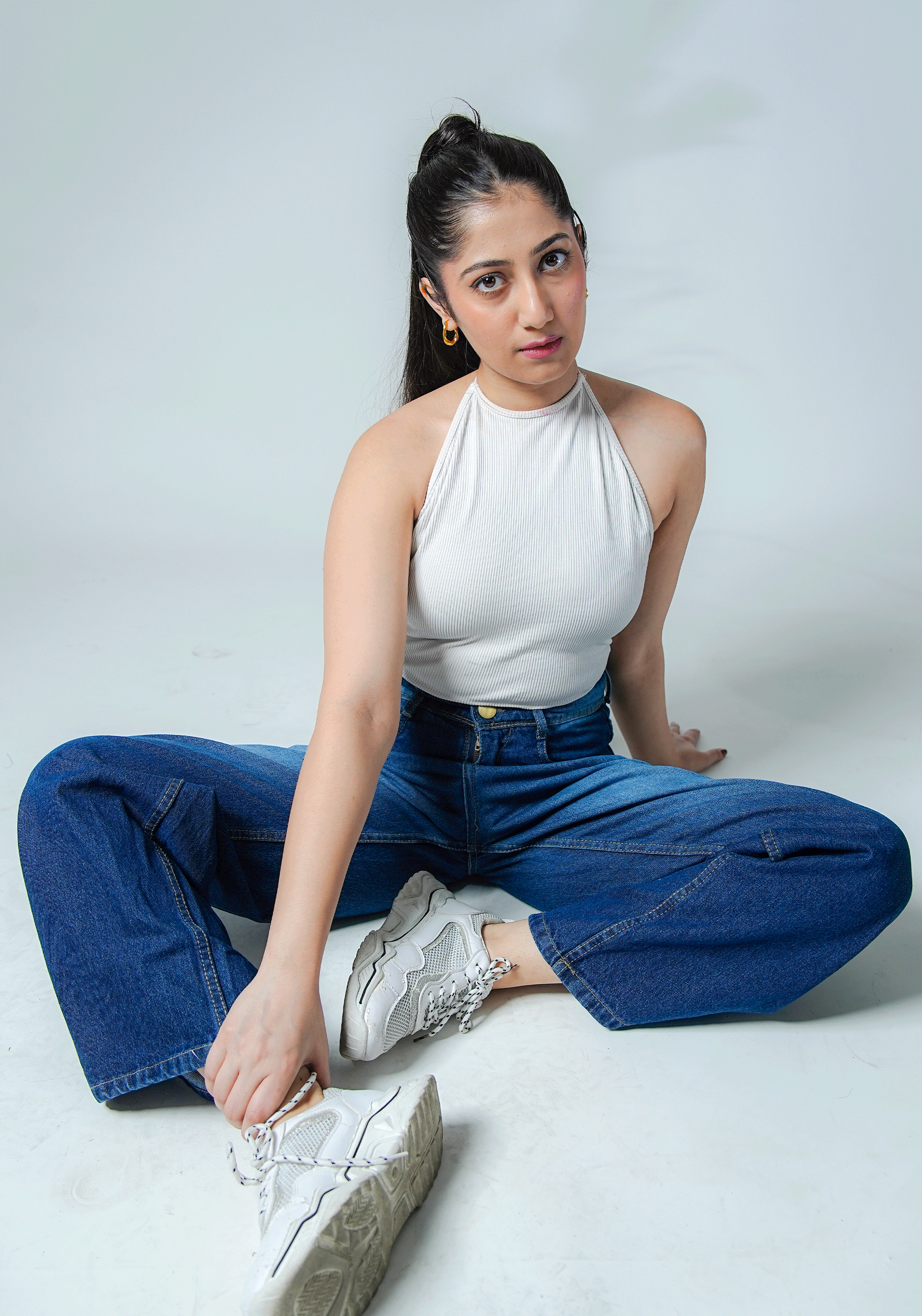 Dark Blue Wide Leg Jeans with Whiskers