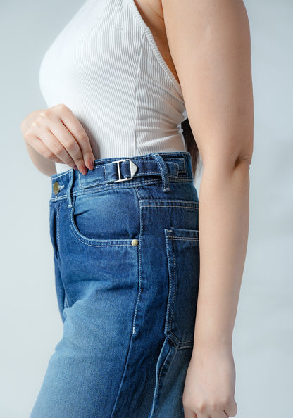Dark Blue Wide Leg Jeans with Waist Buckle