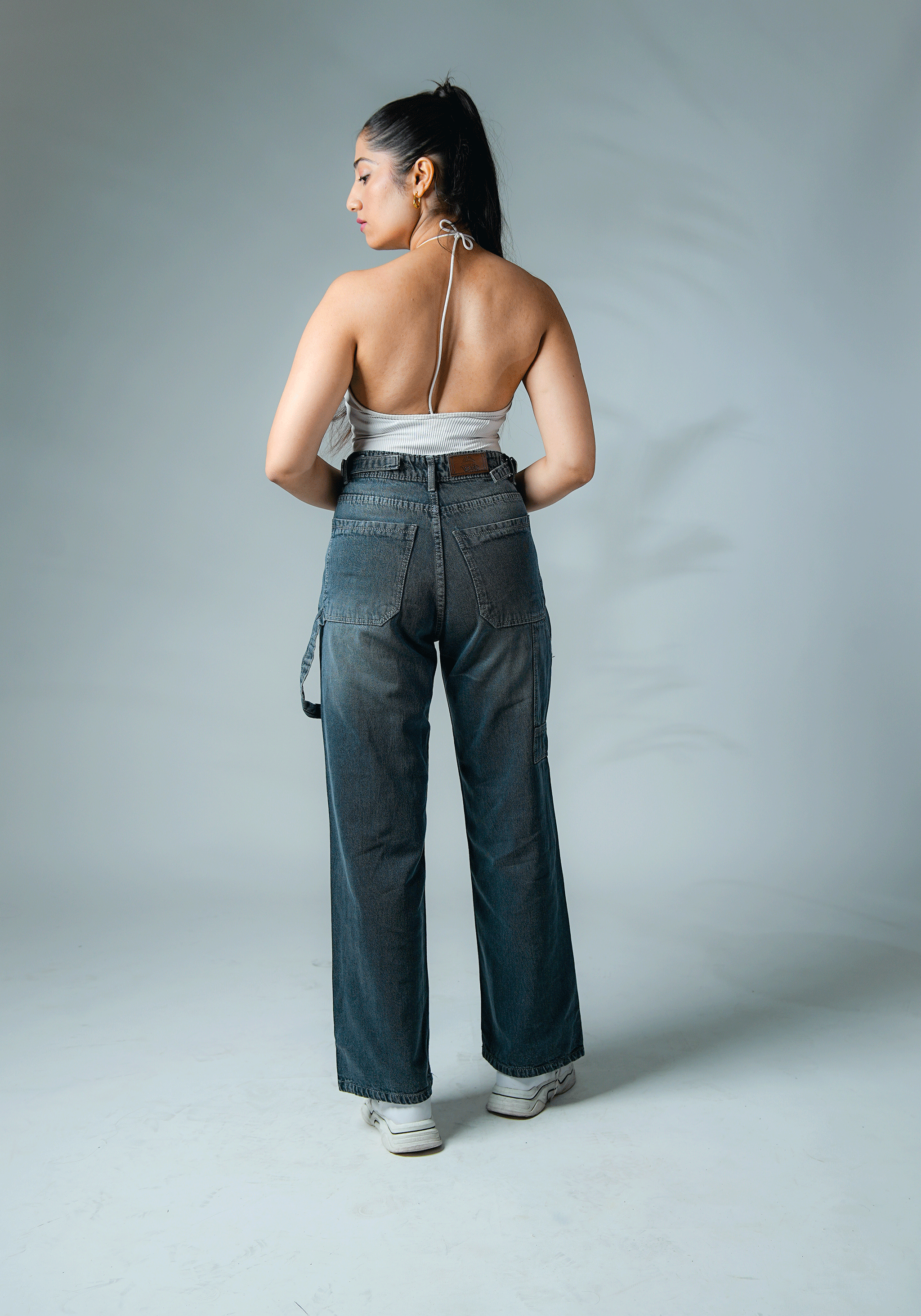 Dark Grey Wide Leg Jeans with Waist Buckle
