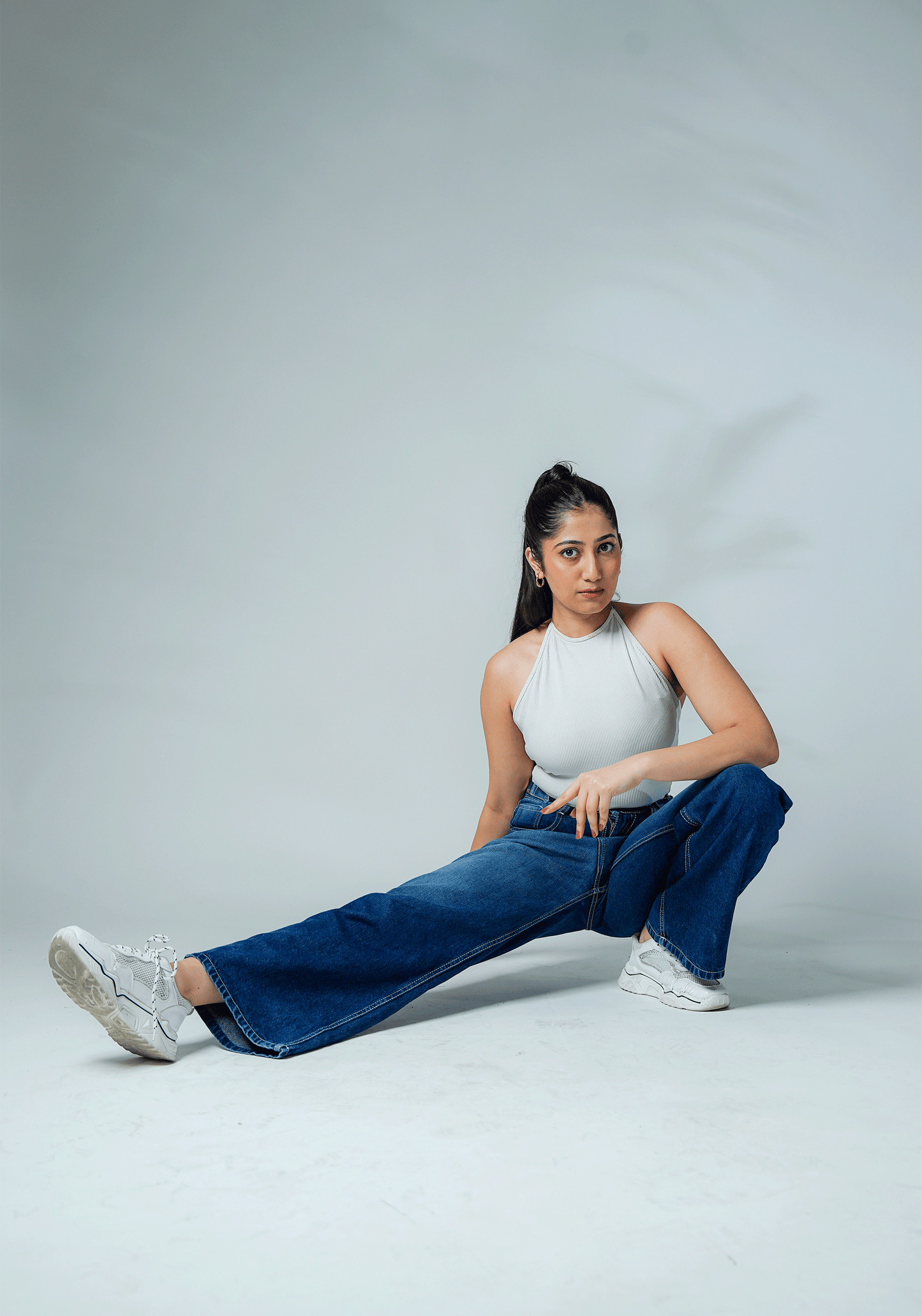 Dark Blue Wide Leg Jeans with Waist Buckle