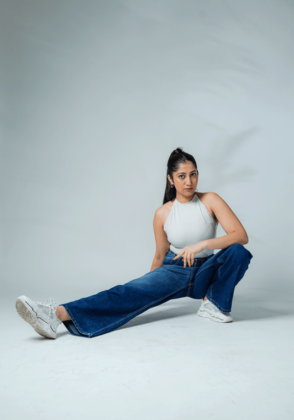 Dark Blue Wide Leg Jeans with Waist Buckle
