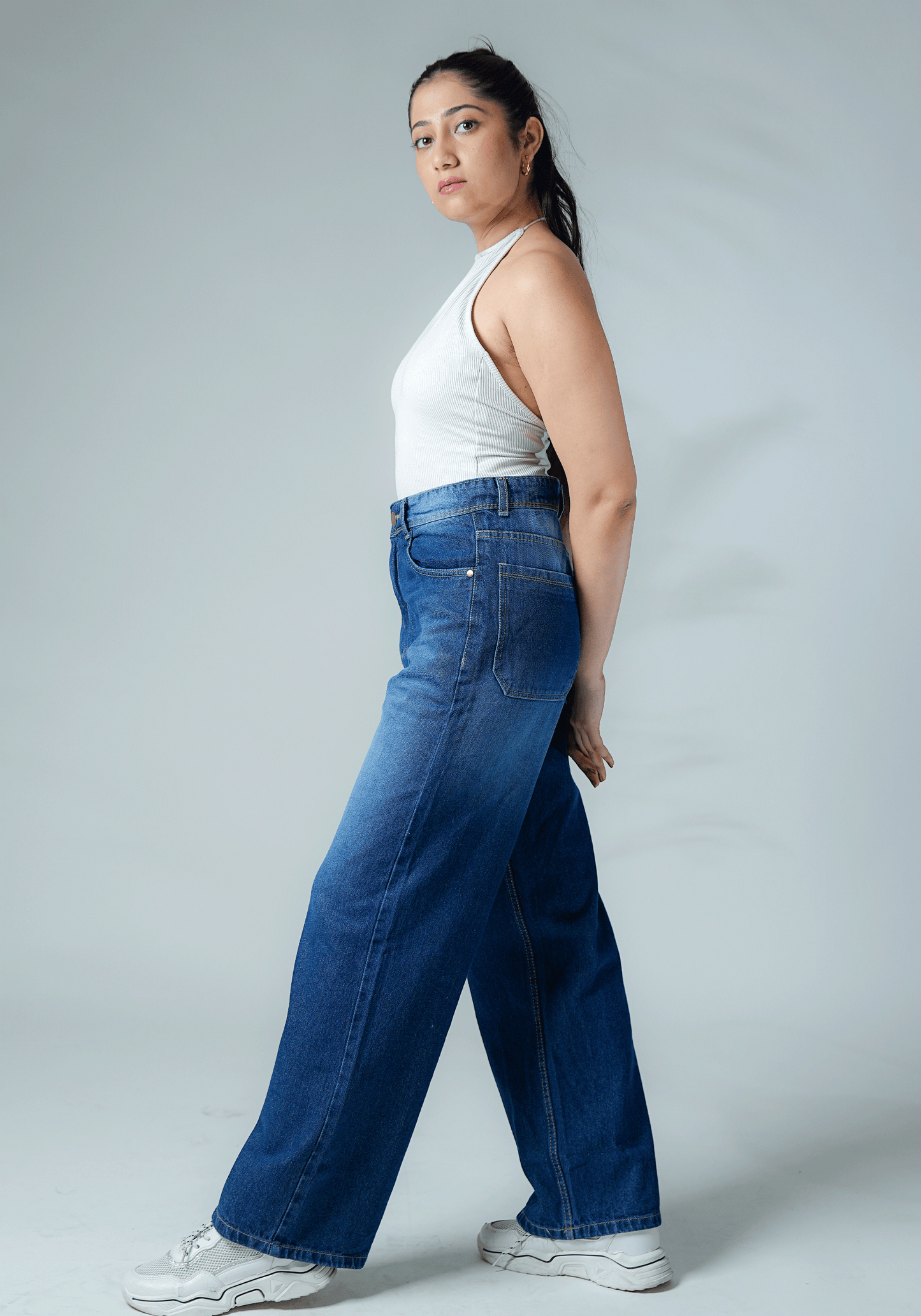 Dark Blue Wide Leg Jeans with Whiskers