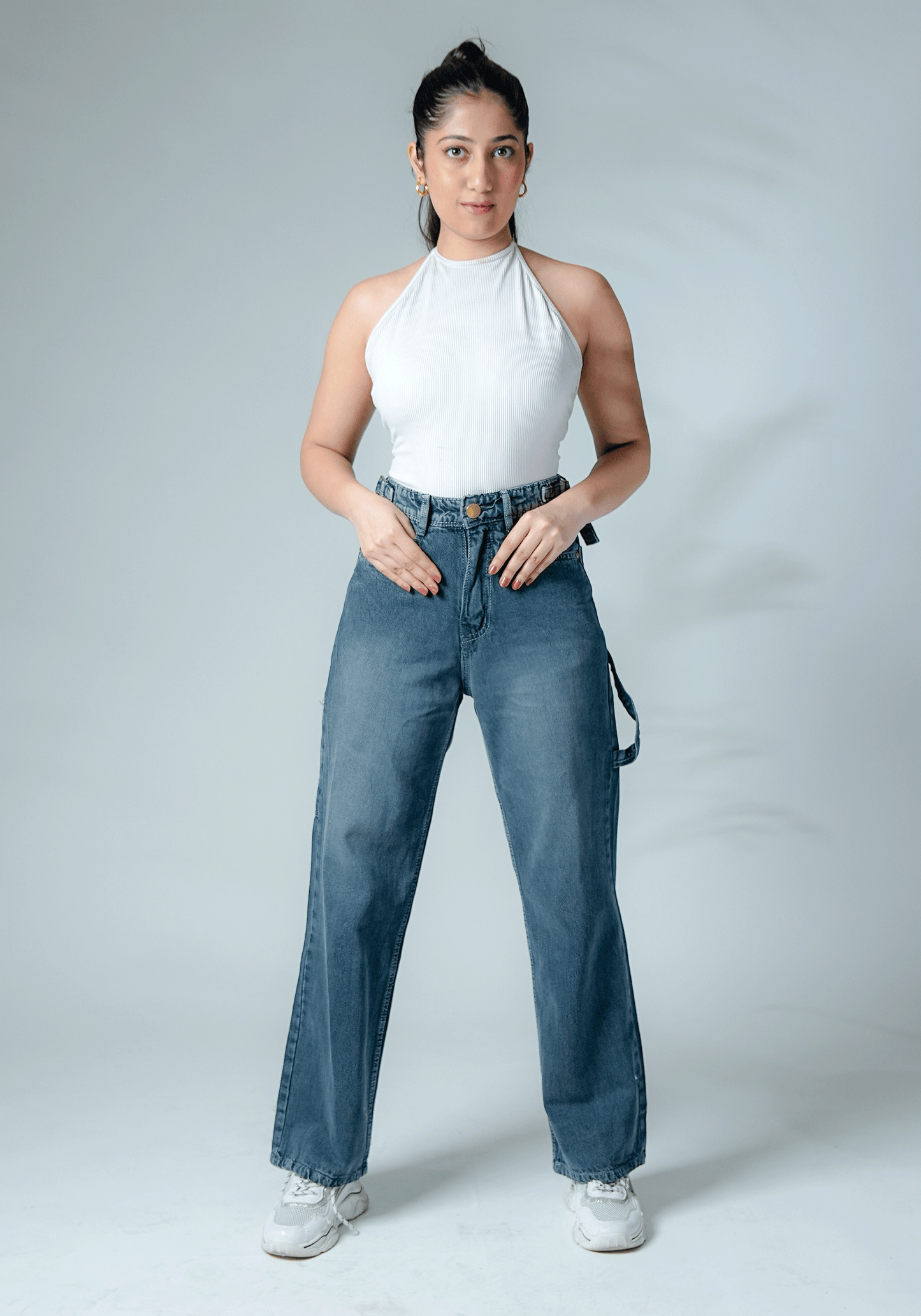 Dark Grey Wide Leg Jeans with Waist Buckle