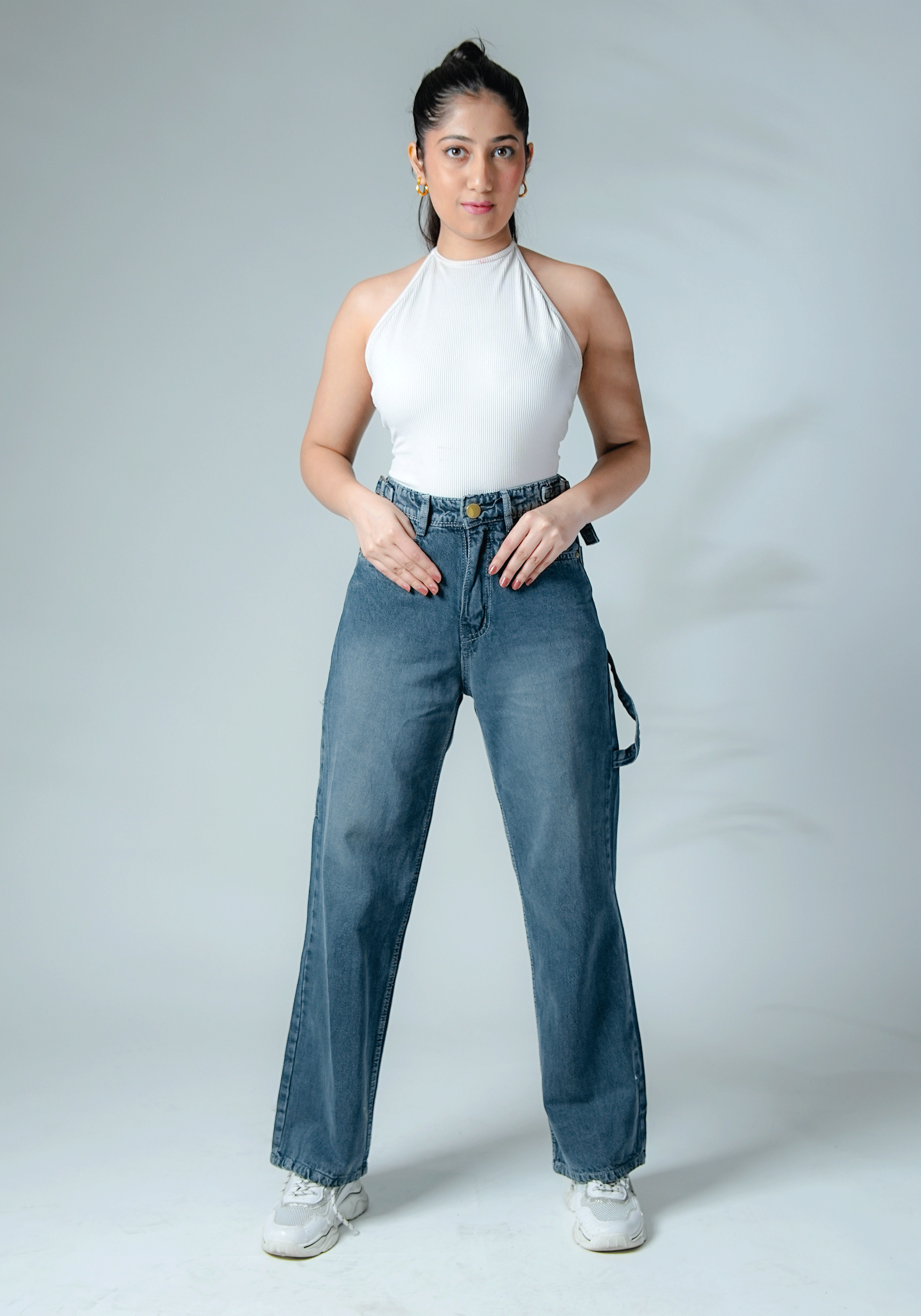 Dark Grey Wide Leg Jeans with Waist Buckle