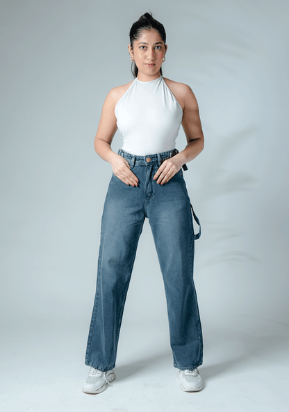 Dark Grey Wide Leg Jeans with Waist Buckle