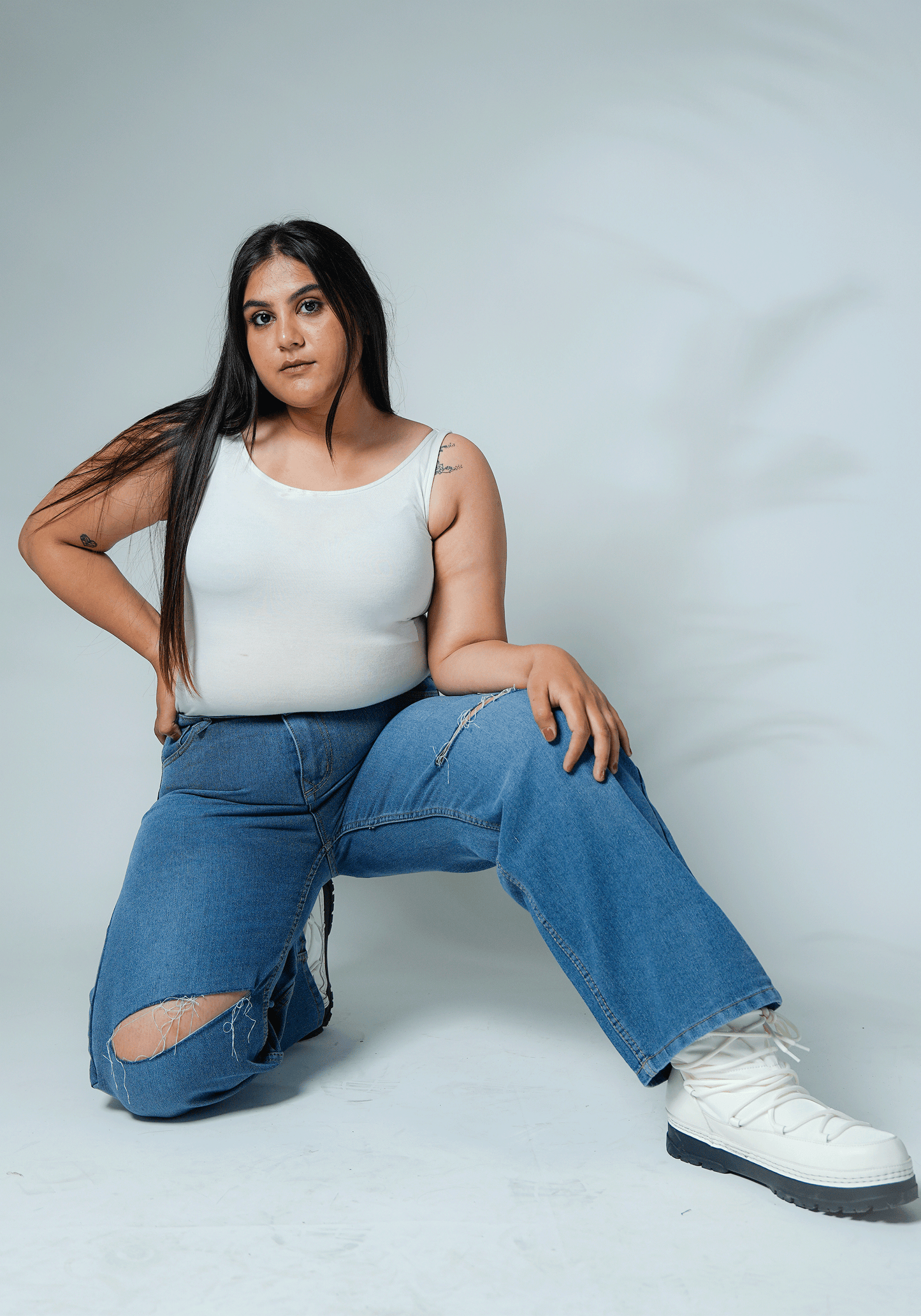 Light Blue Knee Cut Wide Leg Curvy Fit Denim for Women