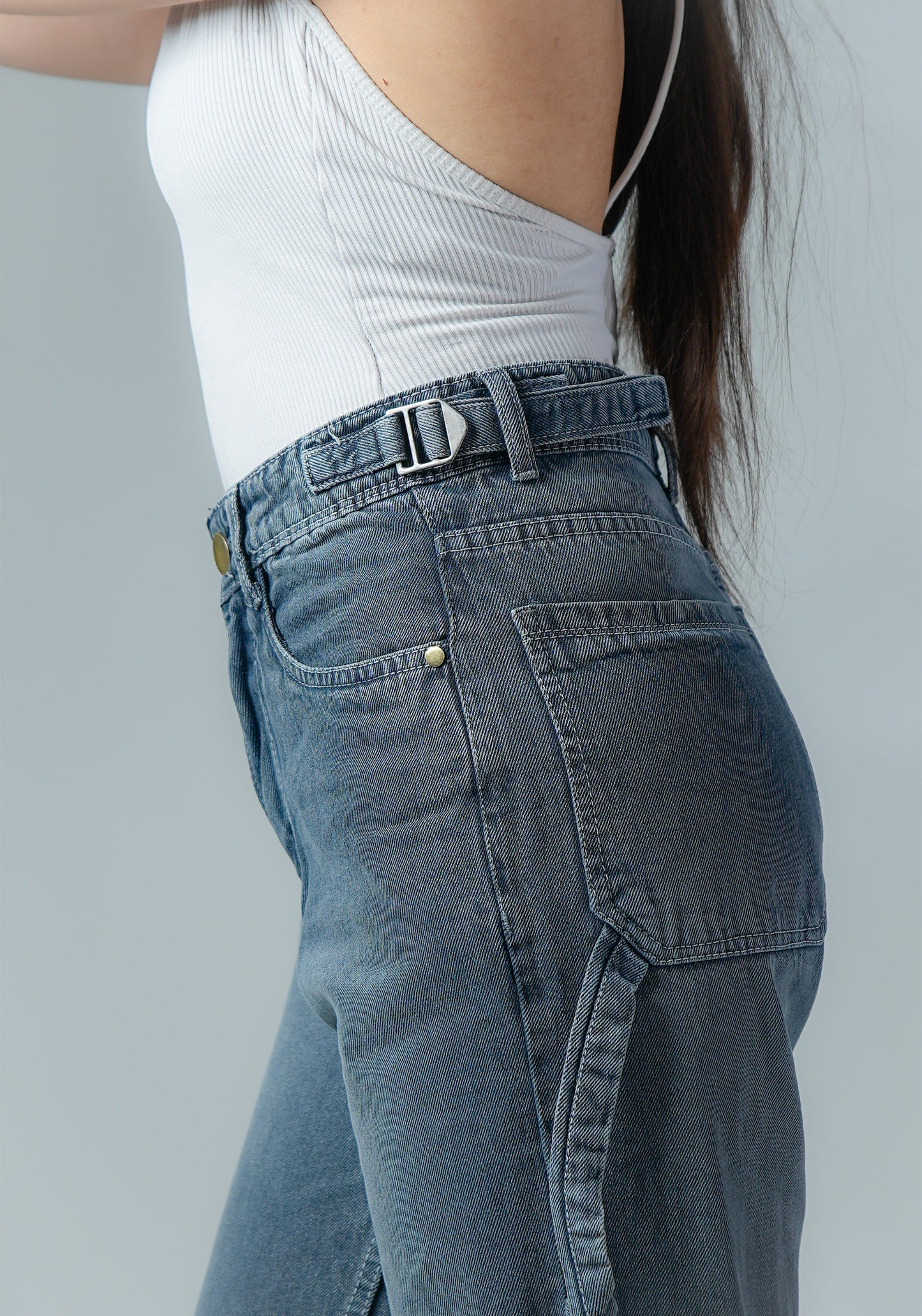 Dark Grey Wide Leg Jeans with Waist Buckle