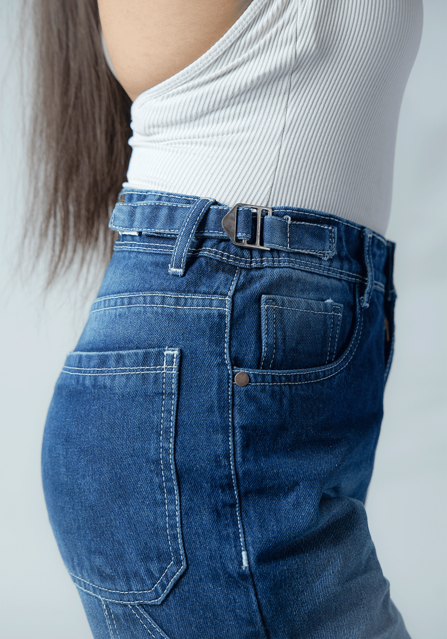 Dark Blue Wide Leg Jeans with Waist Buckle