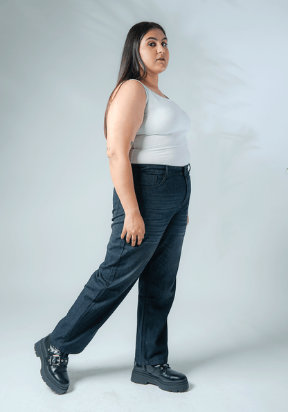 Vintage Black Wide Leg Jeans with Whiskers for Curvy