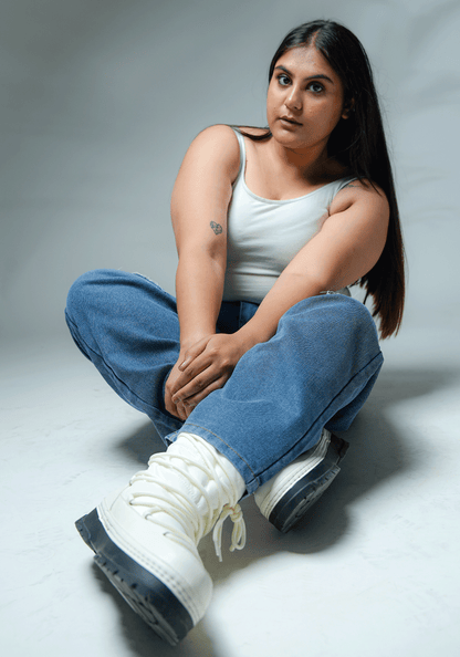 Light Blue Knee Cut Wide Leg Curvy Fit Denim for Women