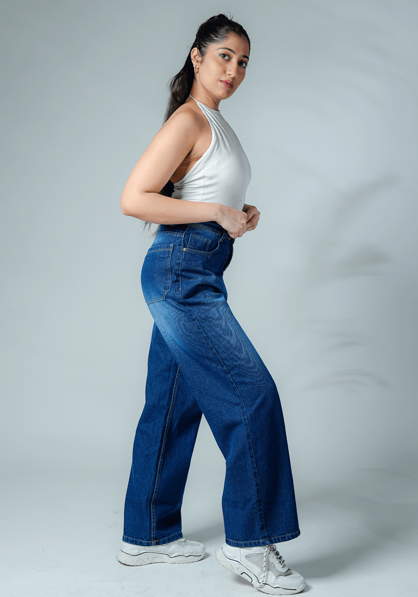Dark Blue Wide Leg Jeans with Whiskers