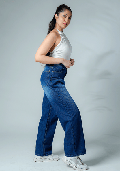 Dark Blue Wide Leg Jeans with Whiskers