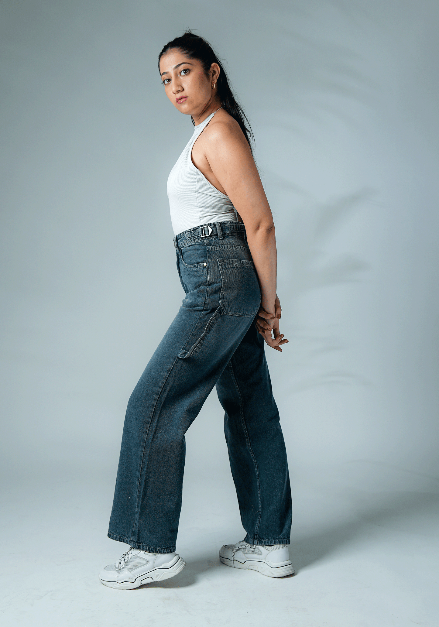 Dark Grey Wide Leg Jeans with Waist Buckle