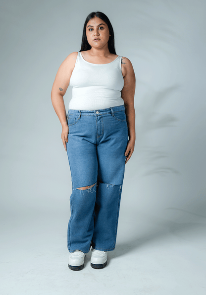 Light Blue Knee Cut Wide Leg Curvy Fit Denim for Women