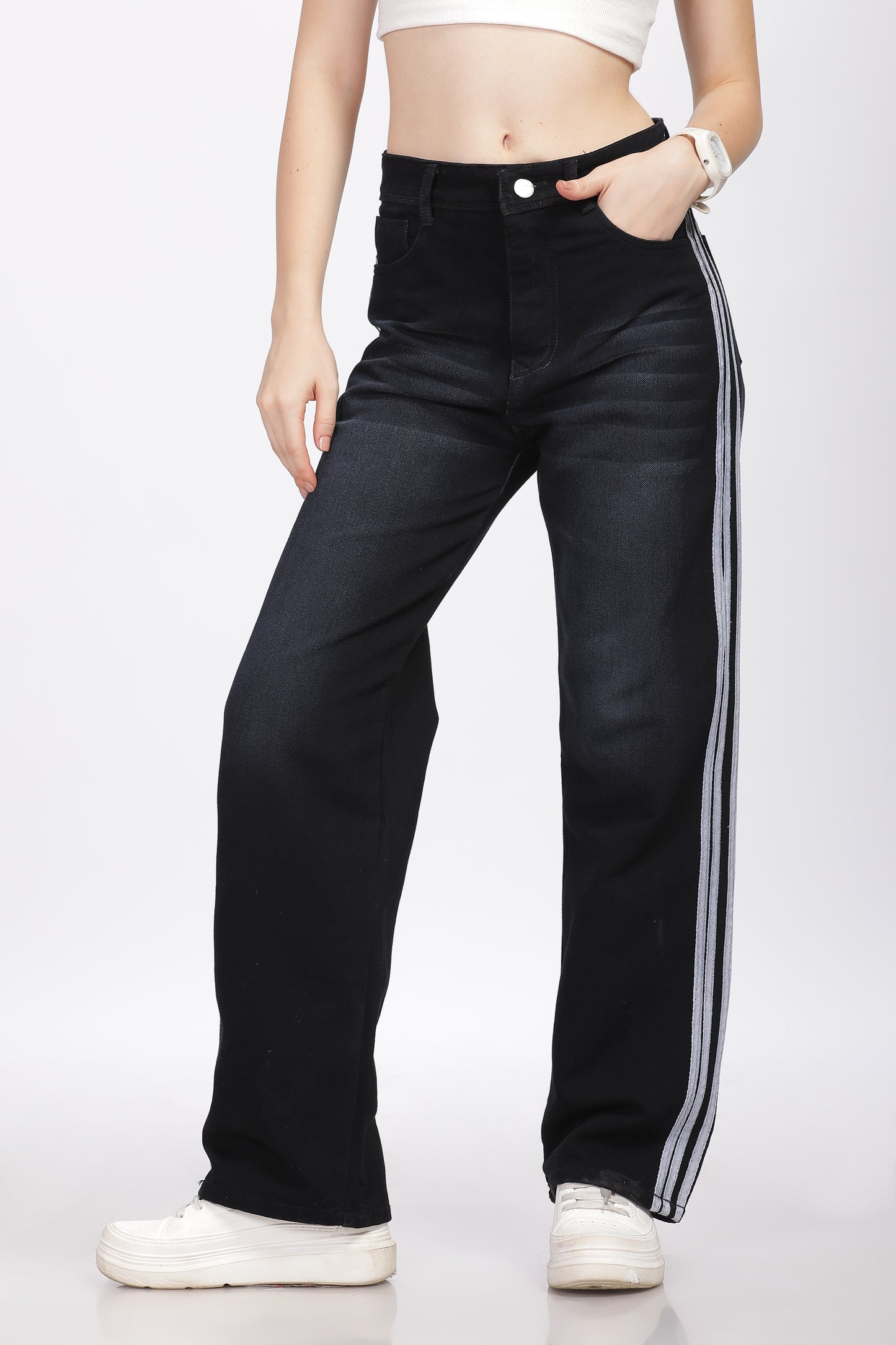 Black Wide Leg Jeans with Lace Detail