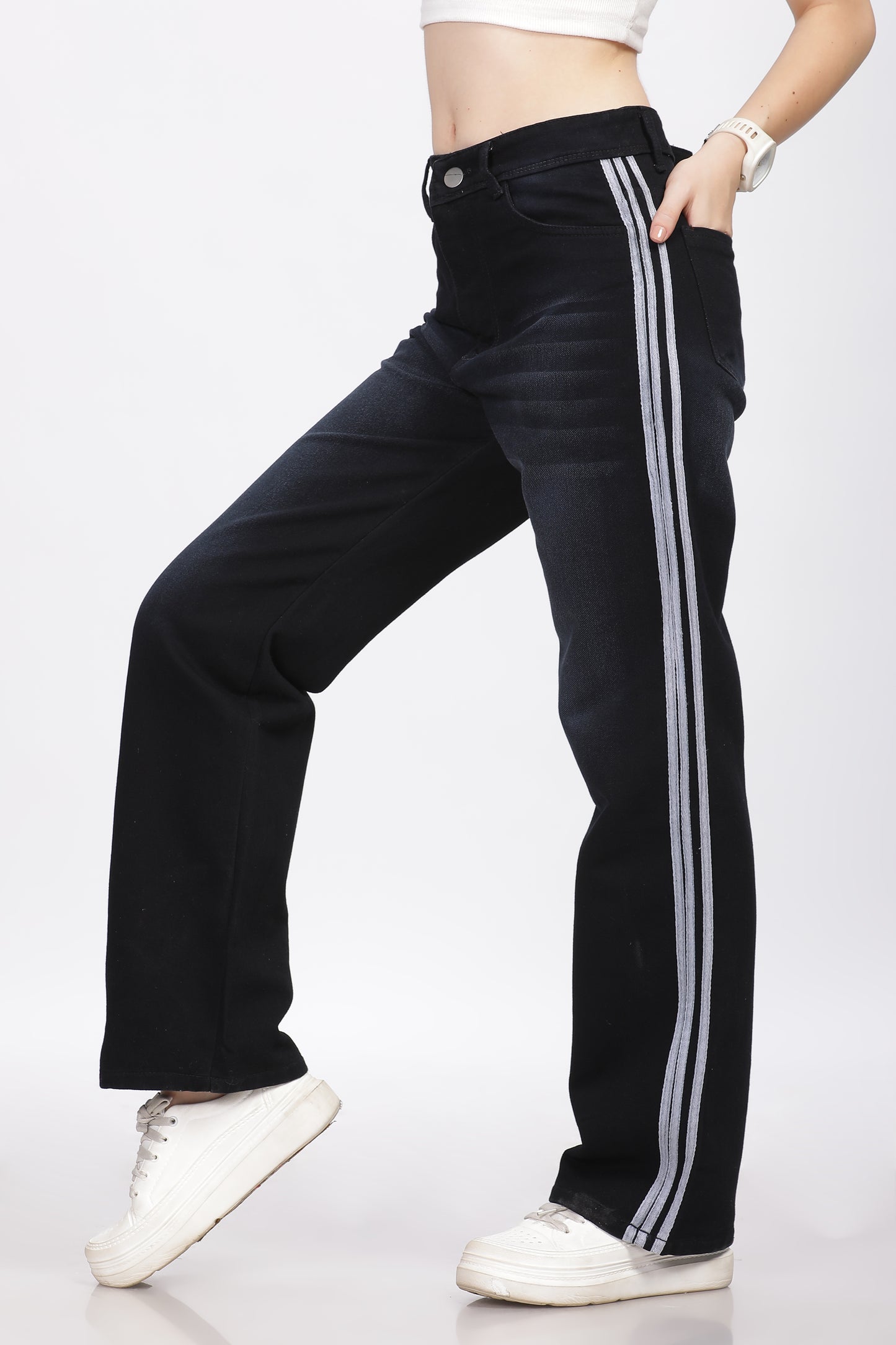 Black Wide Leg Jeans with Lace Detail