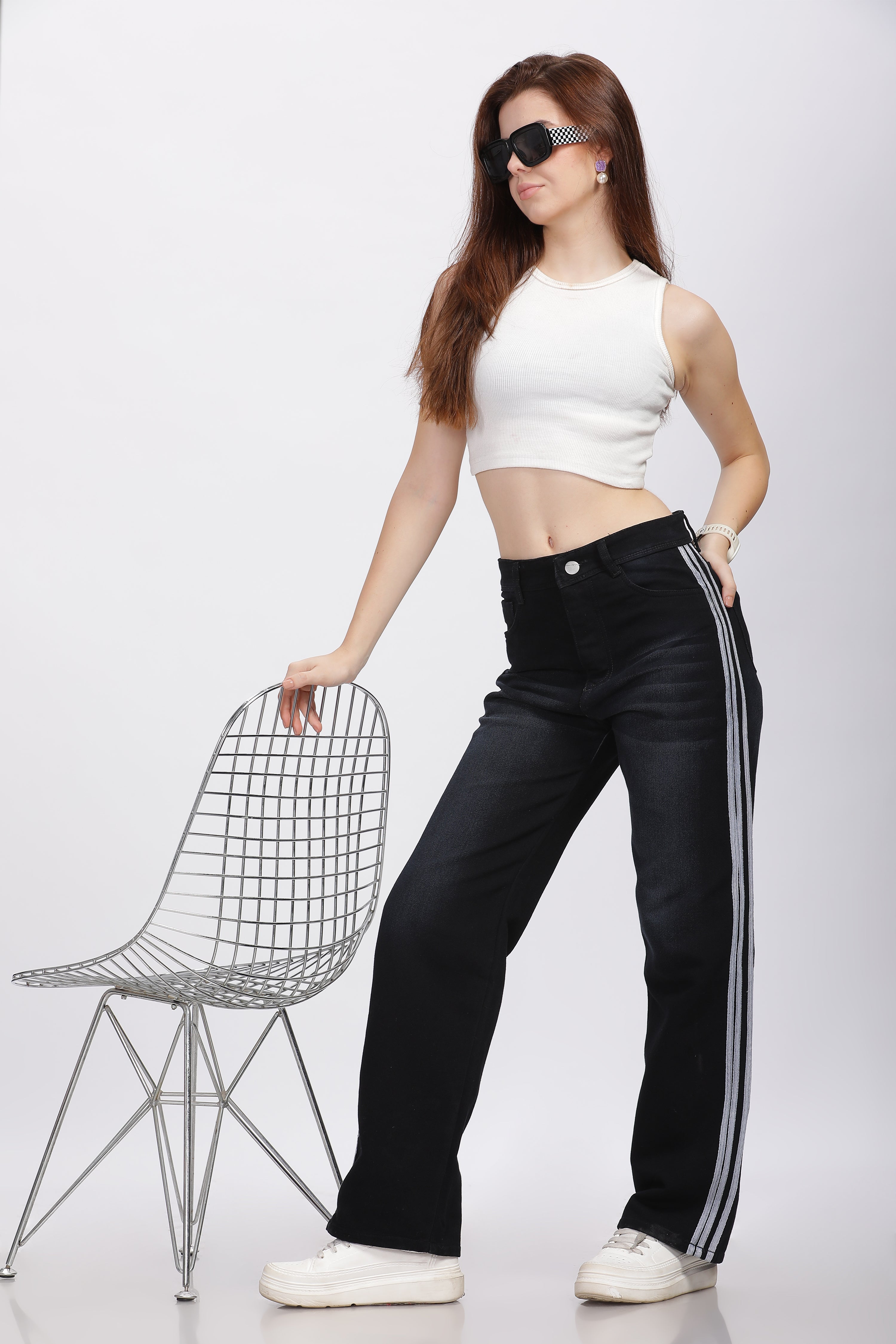 Black Wide Leg Jeans with Lace Detail