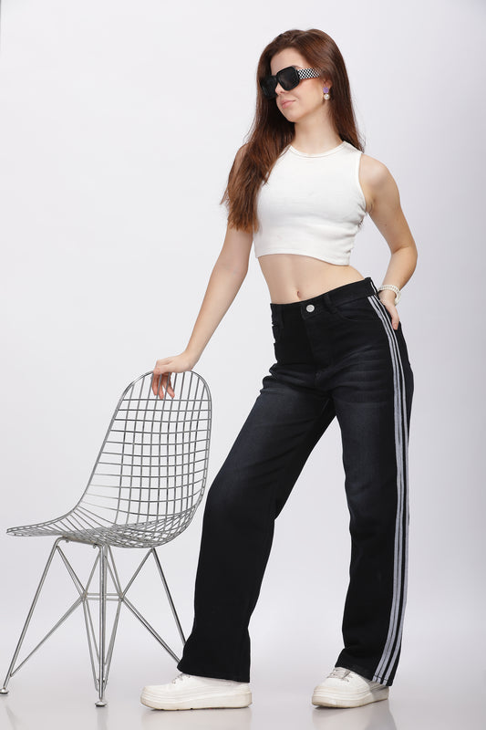 Black Wide Leg Jeans with Lace Detail