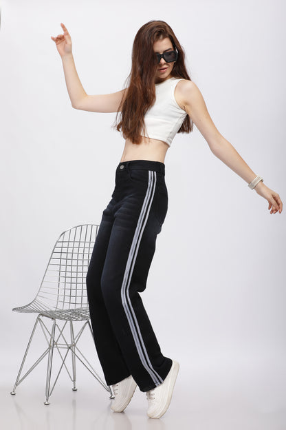 Black Wide Leg Jeans with Lace Detail