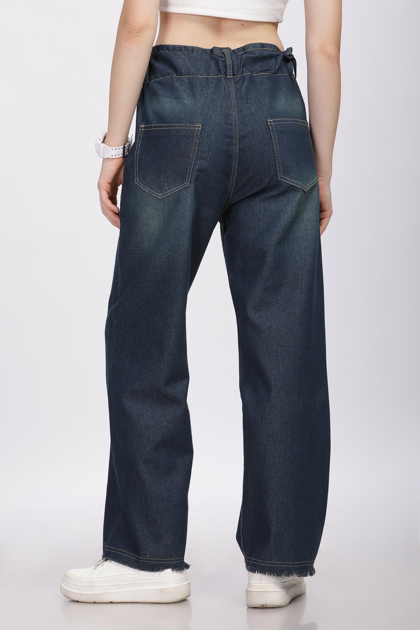 Dark Blue 2-Button Wide Leg Jeans with Elastic Waist