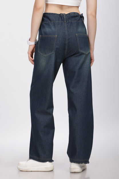 Dark Blue 2-Button Wide Leg Jeans with Elastic Waist