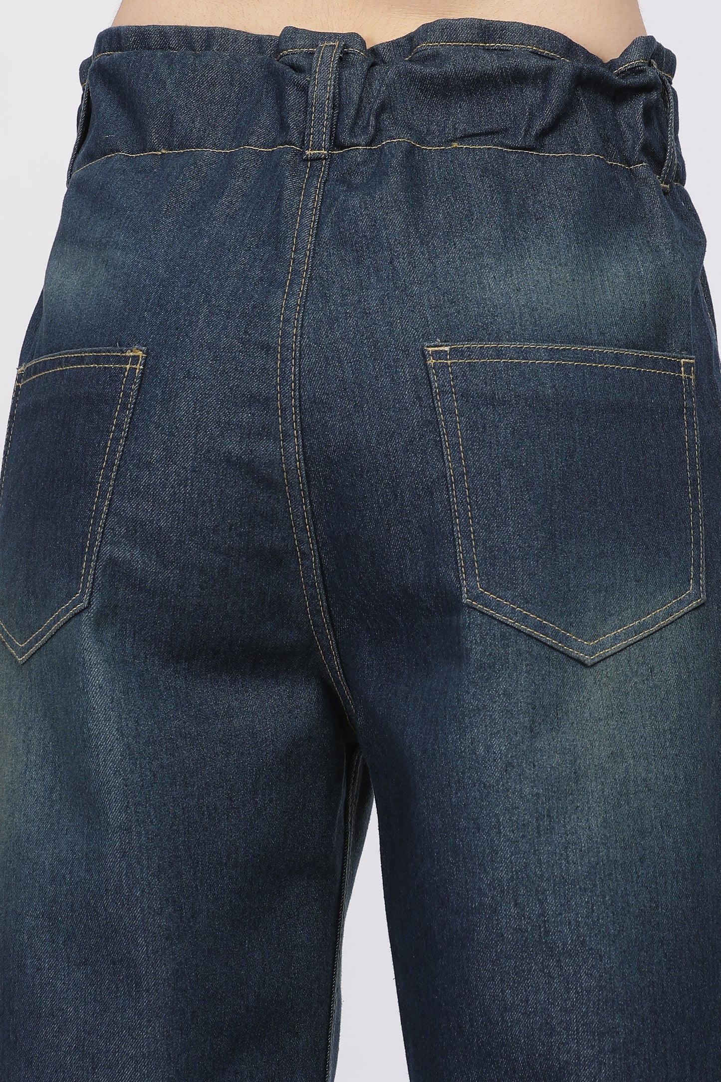 Dark Blue 2-Button Wide Leg Jeans with Elastic Waist