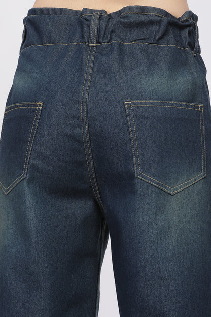 Dark Blue 2-Button Wide Leg Jeans with Elastic Waist