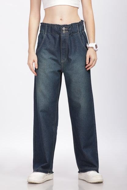 Dark Blue 2-Button Wide Leg Jeans with Elastic Waist