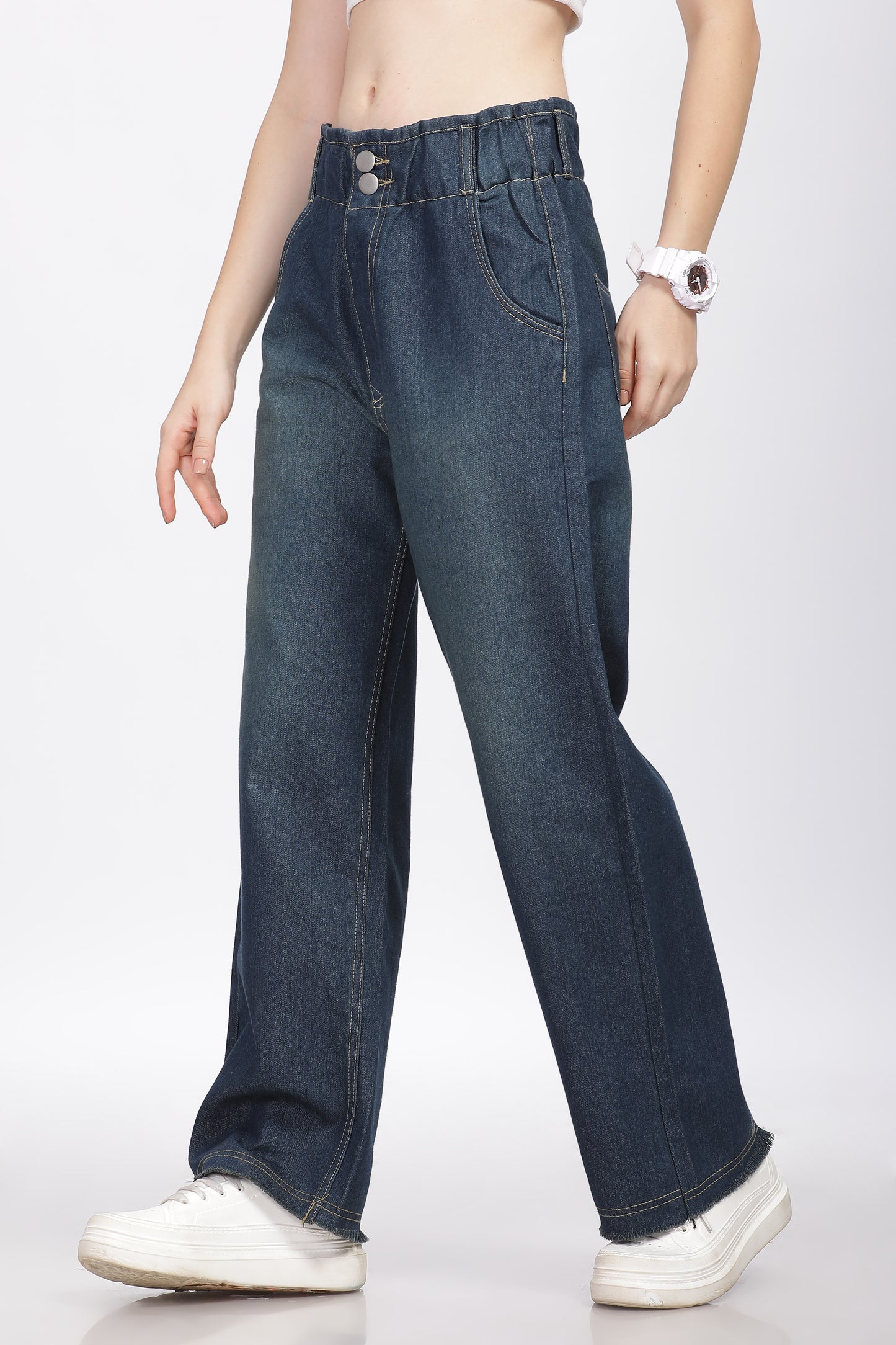 Dark Blue 2-Button Wide Leg Jeans with Elastic Waist