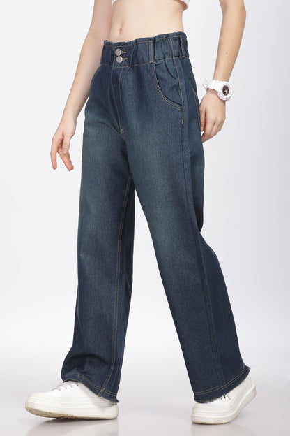 Dark Blue 2-Button Wide Leg Jeans with Elastic Waist