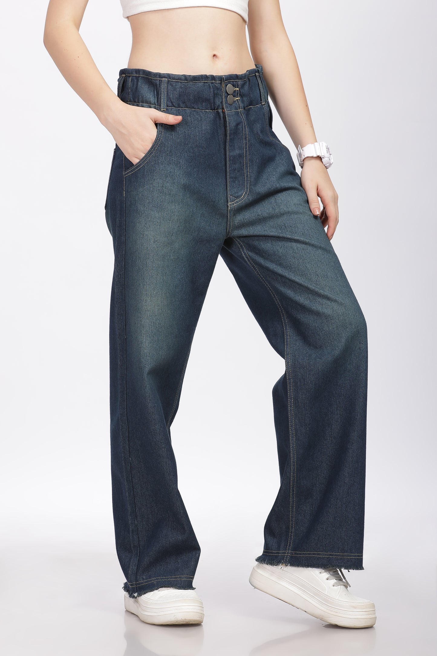 Dark Blue 2-Button Wide Leg Jeans with Elastic Waist