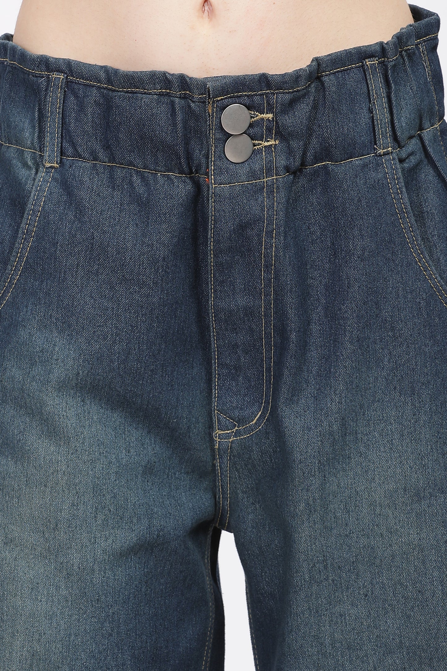 Dark Blue 2-Button Wide Leg Jeans with Elastic Waist