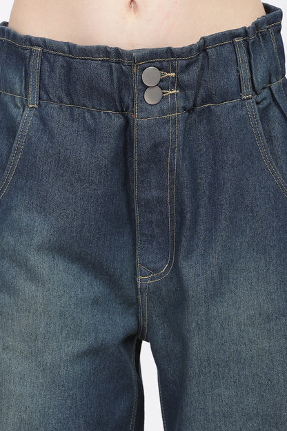Dark Blue 2-Button Wide Leg Jeans with Elastic Waist