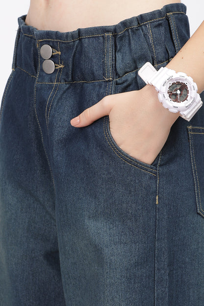 Dark Blue 2-Button Wide Leg Jeans with Elastic Waist