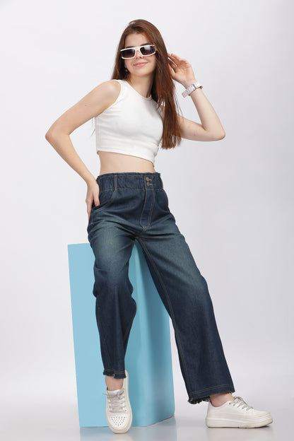 Dark Blue 2-Button Wide Leg Jeans with Elastic Waist