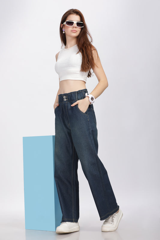 Dark Blue 2-Button Wide Leg Jeans with Elastic Waist