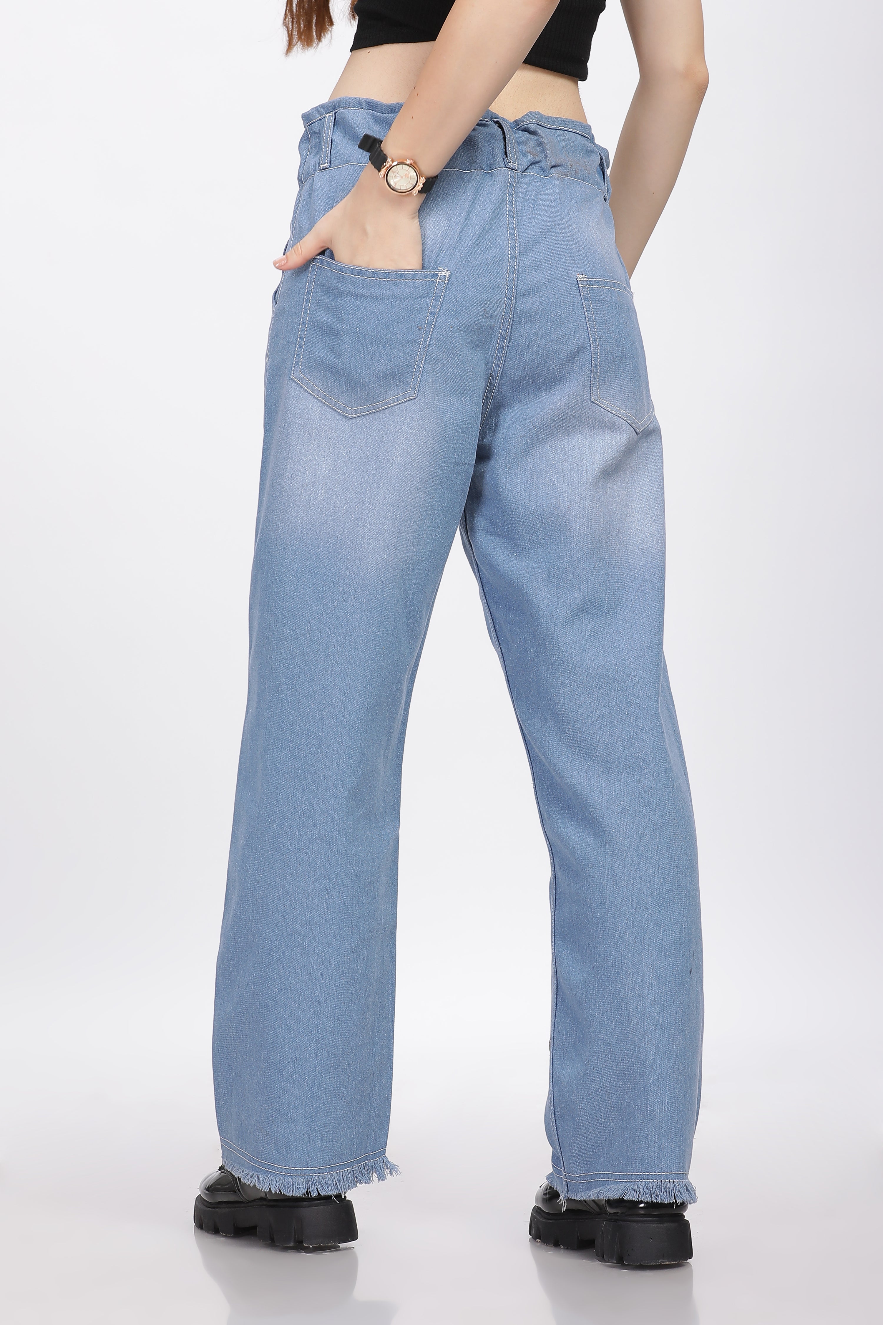 Light Blue 2-Button Wide Leg Jeans with Elastic Waist