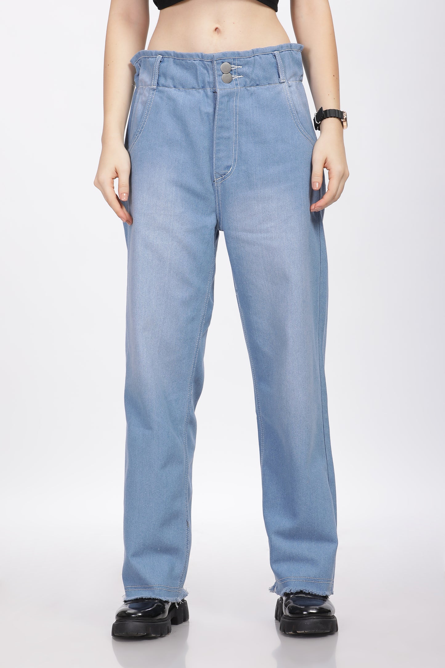 Light Blue 2-Button Wide Leg Jeans with Elastic Waist