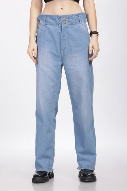 Light Blue 2-Button Wide Leg Jeans with Elastic Waist