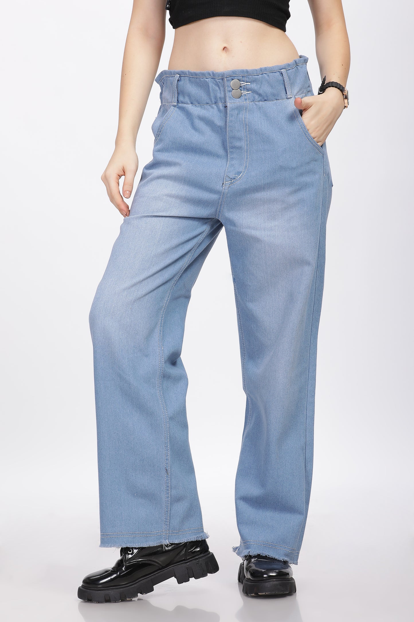 Light Blue 2-Button Wide Leg Jeans with Elastic Waist