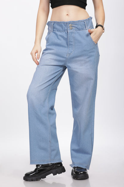 Light Blue 2-Button Wide Leg Jeans with Elastic Waist